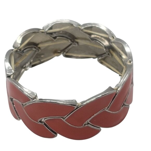 Orange Enamel & Silver-Tone Vintage Braided Stretch Bracelet Retro Jewelry - Picture 4 of 6